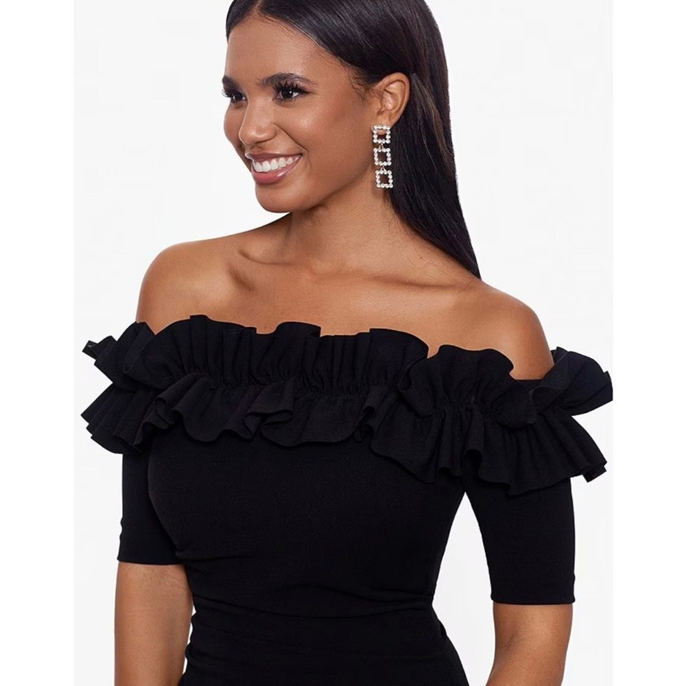 Xscape Black Ruffle Off-Shoulder Midi Dress - Picture 2 of 6